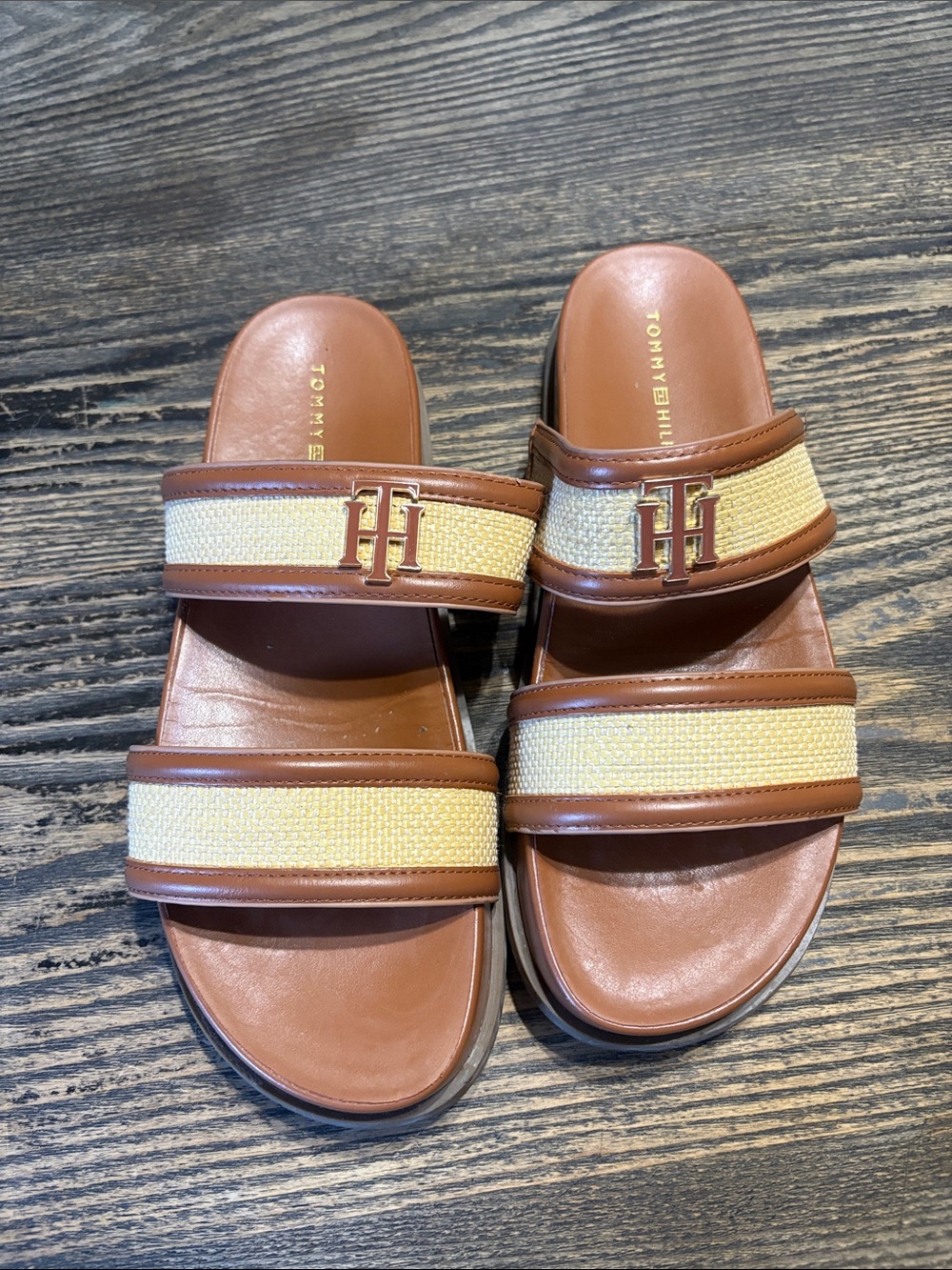 Tommy Hilfiger Brown and Cream Dual-Strap Slide Sandals